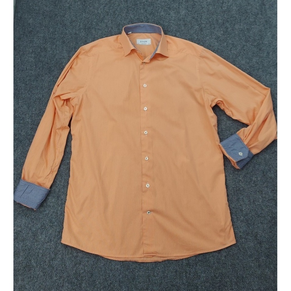 Eton Button Shirt Mens 39 - 15.5 Orange Gingham Flip Cuff Button Up Dress Cotton